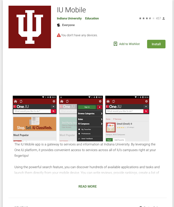 IU Mobile for Android (Google Play) All IU Campuses One.IU